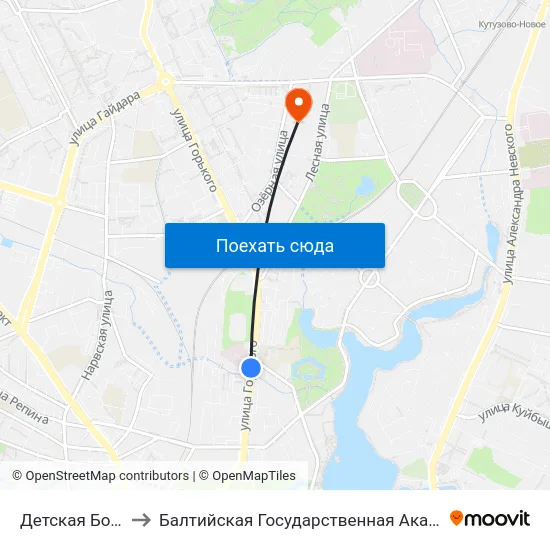 Детская Больница (В Центр) to Балтийская Государственная Академия Рыбопромыслового Флота. Корпус 3 map