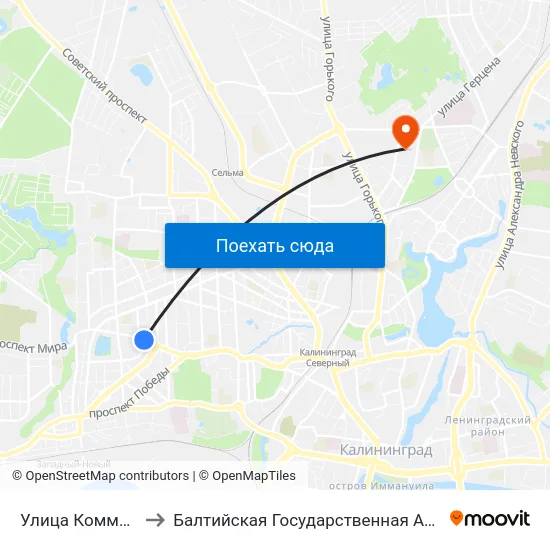 Улица Коммунальная (Из Центра) to Балтийская Государственная Академия Рыбопромыслового Флота. Корпус 3 map