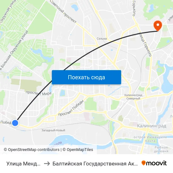 Улица Менделеева (Из Центра) to Балтийская Государственная Академия Рыбопромыслового Флота. Корпус 3 map
