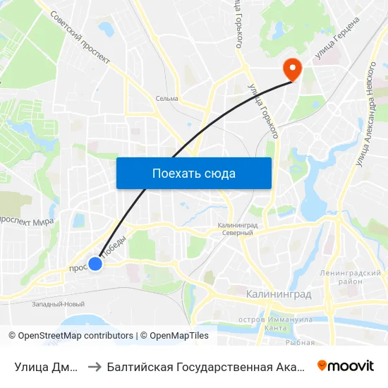 Улица Дмитрия Донского to Балтийская Государственная Академия Рыбопромыслового Флота. Корпус 3 map