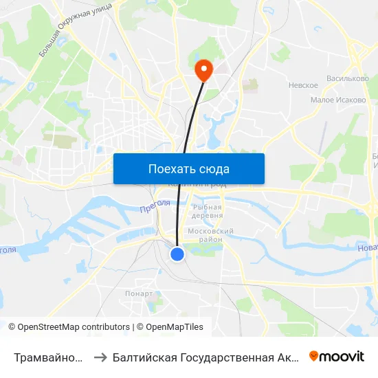 Трамвайное Депо (Из Центра) to Балтийская Государственная Академия Рыбопромыслового Флота. Корпус 3 map