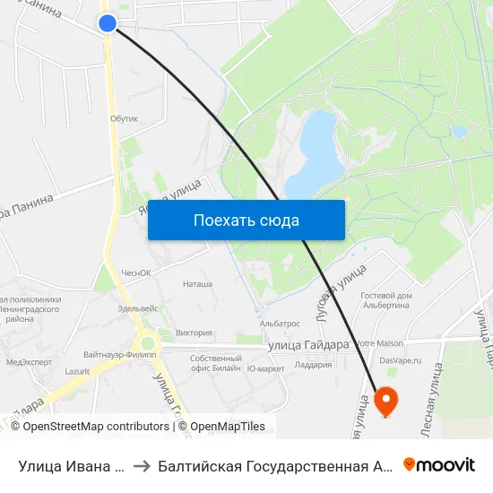 Улица Ивана Сусанина (Из Центра) to Балтийская Государственная Академия Рыбопромыслового Флота. Корпус 3 map
