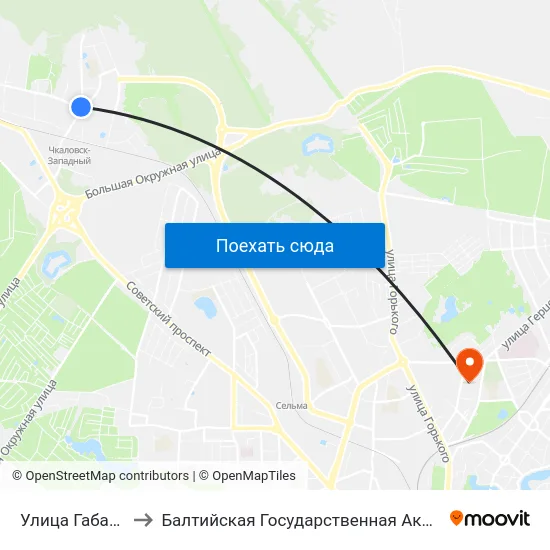 Улица Габайдулина (В Центр) to Балтийская Государственная Академия Рыбопромыслового Флота. Корпус 3 map