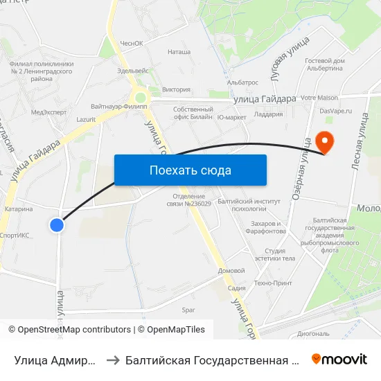 Улица Адмирала Макарова (В Центр) to Балтийская Государственная Академия Рыбопромыслового Флота. Корпус 3 map