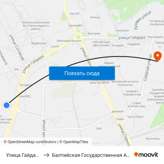 Улица Гайдара (На Ул. Челнокова) to Балтийская Государственная Академия Рыбопромыслового Флота. Корпус 3 map