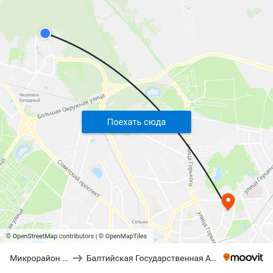 Микрорайон Чкаловск (Конечная) to Балтийская Государственная Академия Рыбопромыслового Флота. Корпус 3 map