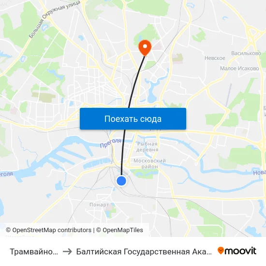 Трамвайное Депо (В Центр) to Балтийская Государственная Академия Рыбопромыслового Флота. Корпус 3 map
