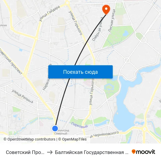 Советский Проспект (Северный Вокзал) to Балтийская Государственная Академия Рыбопромыслового Флота. Корпус 3 map