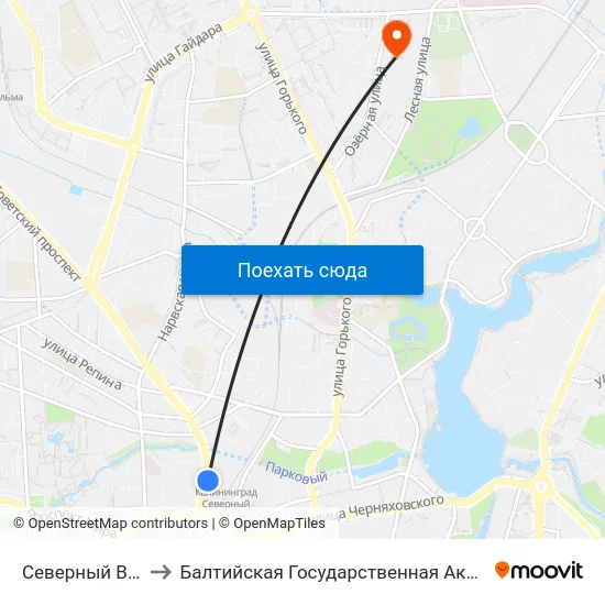 Северный Вокзал (Из Центра) to Балтийская Государственная Академия Рыбопромыслового Флота. Корпус 3 map