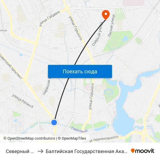Северный Вокзал (В Центр) to Балтийская Государственная Академия Рыбопромыслового Флота. Корпус 3 map