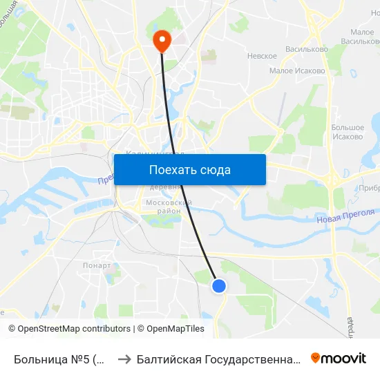 Больница №5 (На Ул. Муромской, Из Центра) to Балтийская Государственная Академия Рыбопромыслового Флота. Корпус 3 map