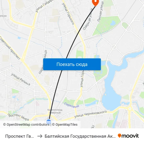 Проспект Гвардейский (В Центр) to Балтийская Государственная Академия Рыбопромыслового Флота. Корпус 3 map