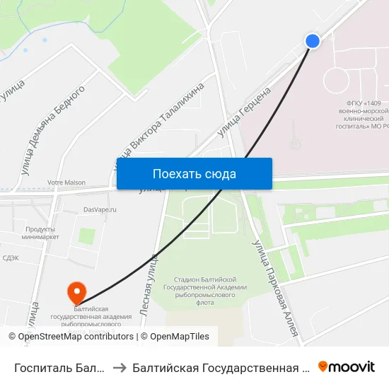 Госпиталь Балтийского Флота (В Центр) to Балтийская Государственная Академия Рыбопромыслового Флота. Корпус 3 map