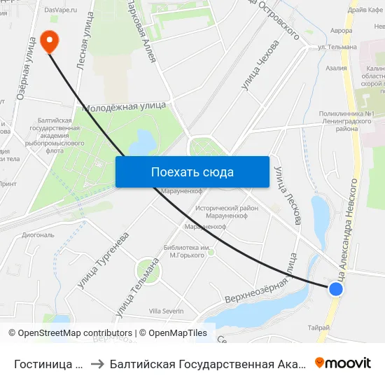 Гостиница Турист (В Центр) to Балтийская Государственная Академия Рыбопромыслового Флота. Корпус 3 map