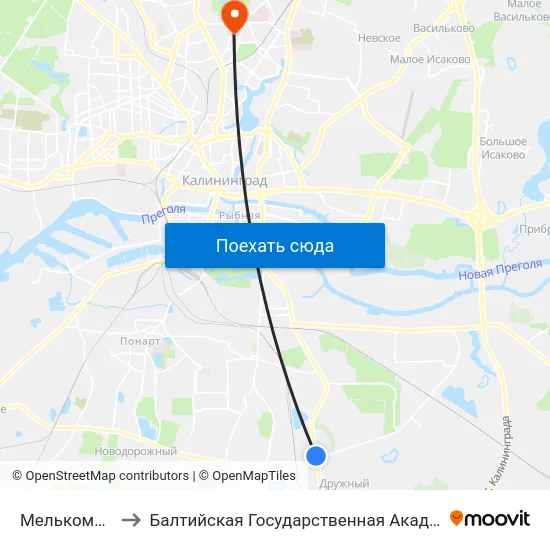 Мелькомбинат (В Центр) to Балтийская Государственная Академия Рыбопромыслового Флота. Корпус 3 map