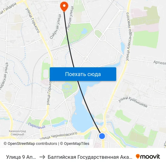 Улица 9 Апреля (Из Центра) to Балтийская Государственная Академия Рыбопромыслового Флота. Корпус 3 map