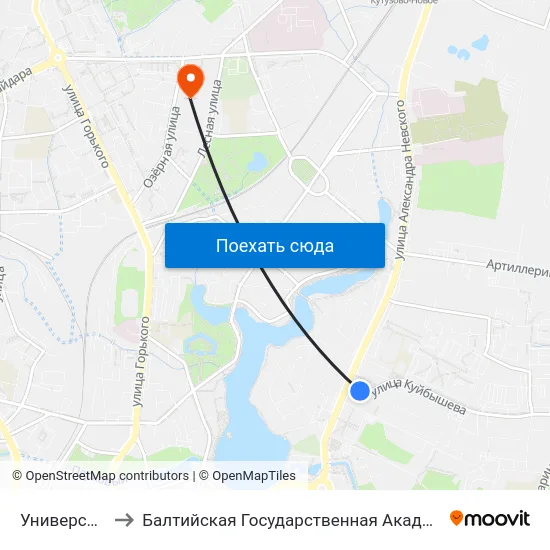 Университет (В Центр) to Балтийская Государственная Академия Рыбопромыслового Флота. Корпус 3 map