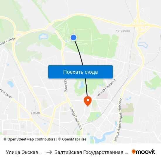 Улица Экскаваторная (По Требованию) to Балтийская Государственная Академия Рыбопромыслового Флота. Корпус 3 map