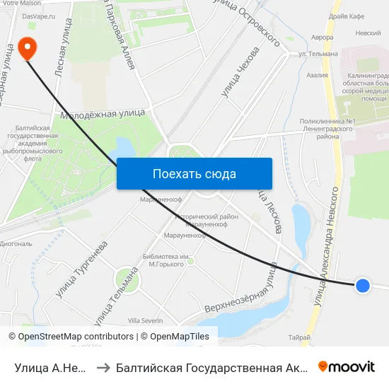 Улица А.Невского (Из Центра) to Балтийская Государственная Академия Рыбопромыслового Флота. Корпус 3 map