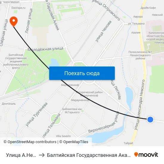Улица А.Невского (В Центр) to Балтийская Государственная Академия Рыбопромыслового Флота. Корпус 3 map
