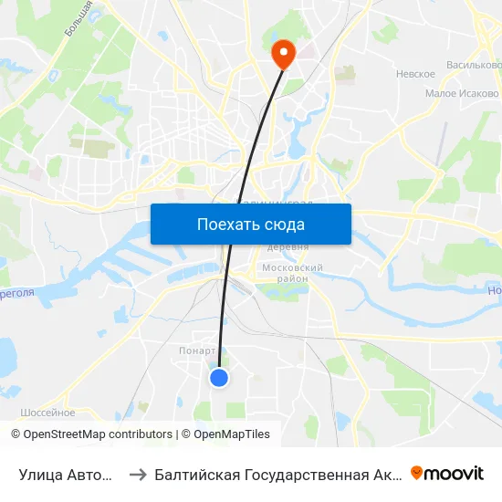 Улица Автомобильная (В Центр) to Балтийская Государственная Академия Рыбопромыслового Флота. Корпус 3 map