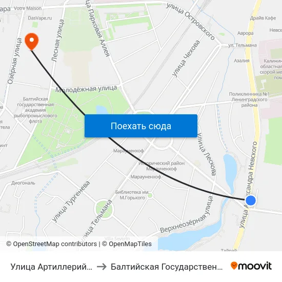 Улица Артиллерийская (На Ул. А. Невского, Из Центра) to Балтийская Государственная Академия Рыбопромыслового Флота. Корпус 3 map