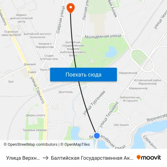 Улица Верхнеозерная (В Центр) to Балтийская Государственная Академия Рыбопромыслового Флота. Корпус 3 map