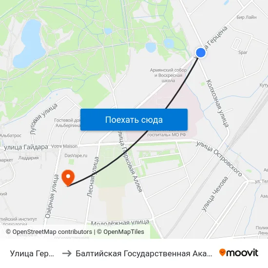 Улица Герцена (Из Центра) to Балтийская Государственная Академия Рыбопромыслового Флота. Корпус 3 map