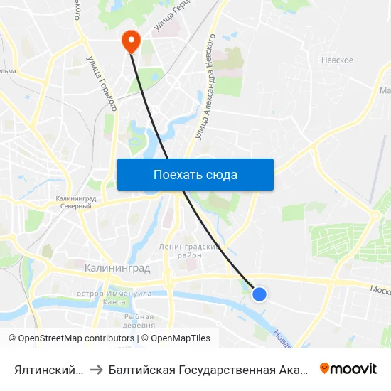 Ялтинский Пруд (В Центр) to Балтийская Государственная Академия Рыбопромыслового Флота. Корпус 3 map