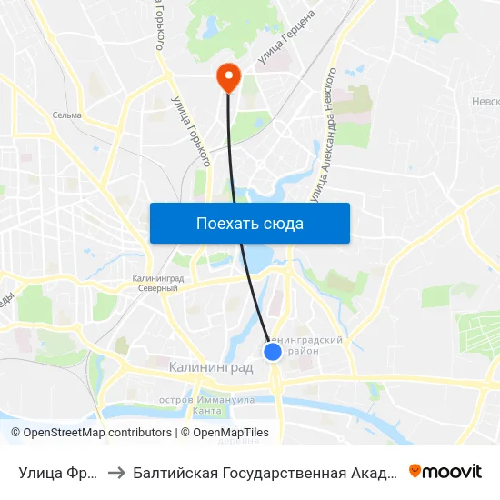 Улица Фрунзе (В Центр) to Балтийская Государственная Академия Рыбопромыслового Флота. Корпус 3 map
