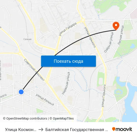 Улица Космонавта Леонова (В Центр) to Балтийская Государственная Академия Рыбопромыслового Флота. Корпус 3 map
