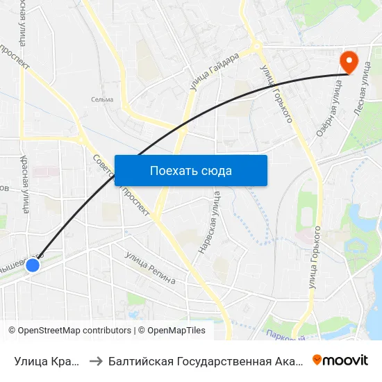Улица Красная (Из Центра) to Балтийская Государственная Академия Рыбопромыслового Флота. Корпус 3 map