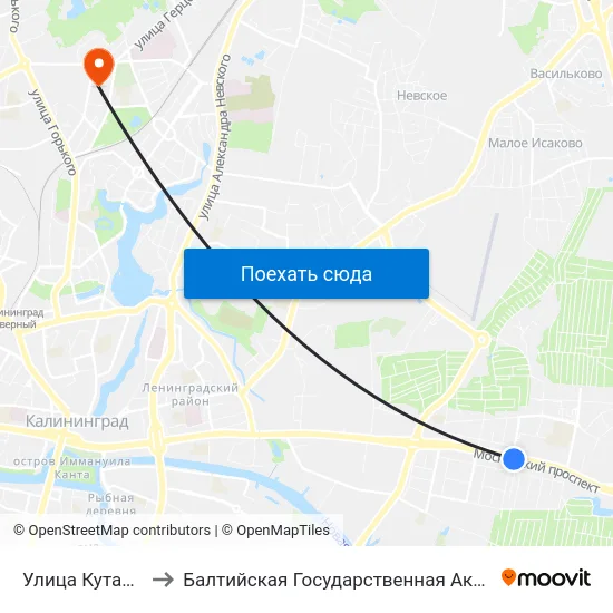 Улица Кутаисская (Из Центра) to Балтийская Государственная Академия Рыбопромыслового Флота. Корпус 3 map