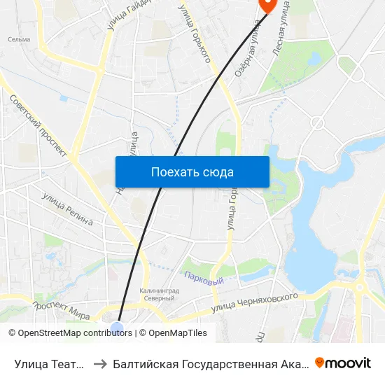 Улица Театральная (В Центр) to Балтийская Государственная Академия Рыбопромыслового Флота. Корпус 3 map