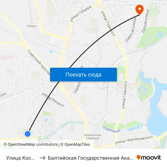 Улица Космонавта Леонова to Балтийская Государственная Академия Рыбопромыслового Флота. Корпус 3 map