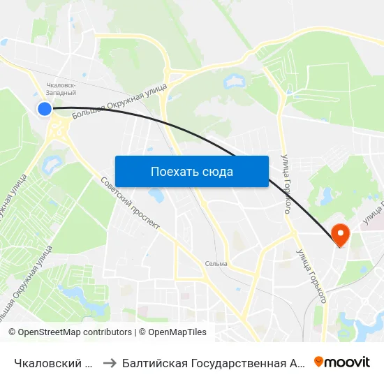 Чкаловский Поворот (Троллейбус) to Балтийская Государственная Академия Рыбопромыслового Флота. Корпус 3 map