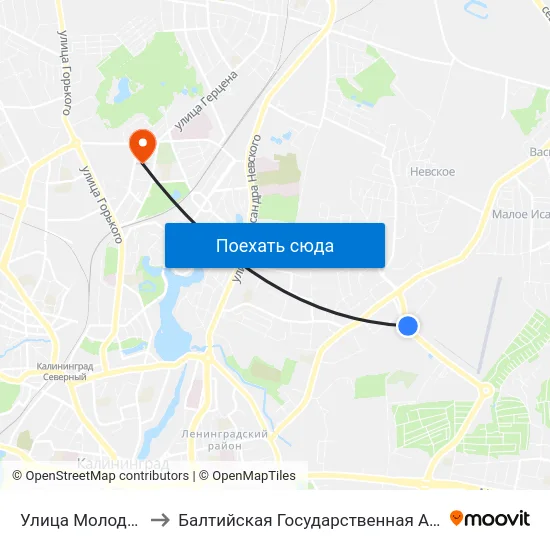 Улица Молодой Гвардии (Конечная) to Балтийская Государственная Академия Рыбопромыслового Флота. Корпус 3 map