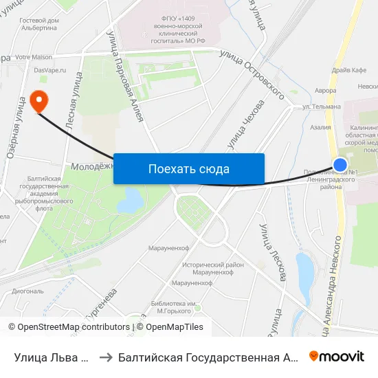 Улица  Льва Толстого (Из Центра) to Балтийская Государственная Академия Рыбопромыслового Флота. Корпус 3 map