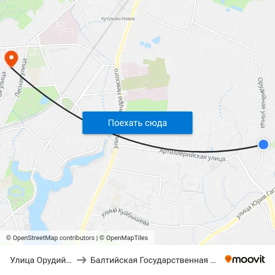 Улица Орудийная (На Ул. Орудийной) to Балтийская Государственная Академия Рыбопромыслового Флота. Корпус 3 map