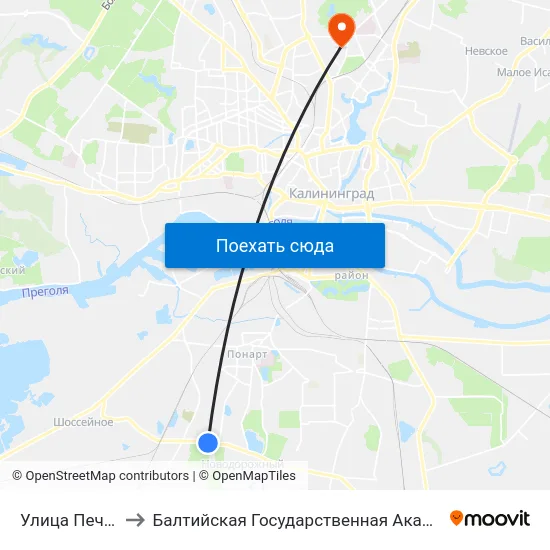 Улица Печатная (В Центр) to Балтийская Государственная Академия Рыбопромыслового Флота. Корпус 3 map