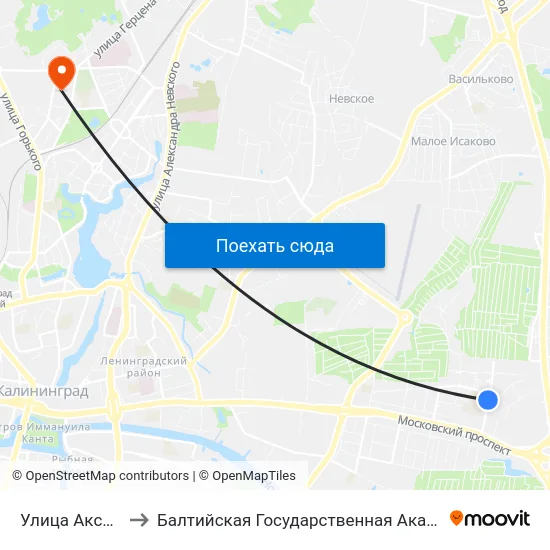 Улица Аксакова (Конечная) to Балтийская Государственная Академия Рыбопромыслового Флота. Корпус 3 map