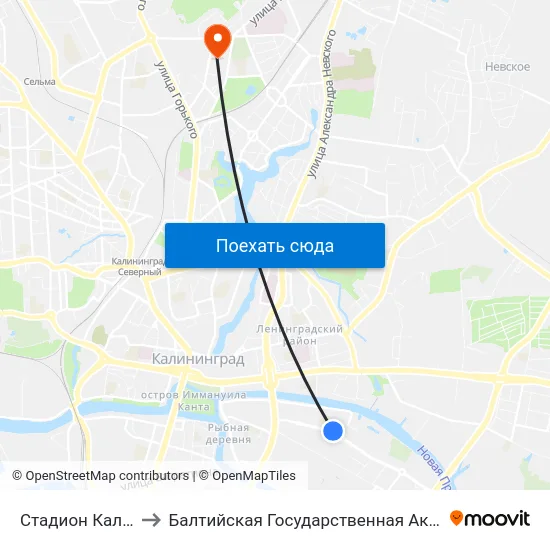 Стадион Калининград (В Центр) to Балтийская Государственная Академия Рыбопромыслового Флота. Корпус 3 map