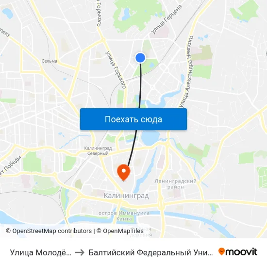 Улица Молодёжная (Из Центра) to Балтийский Федеральный Университет Имени Иммануила Канта map