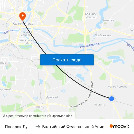 Посёлок Луговое (Конечная) to Балтийский Федеральный Университет Имени Иммануила Канта map