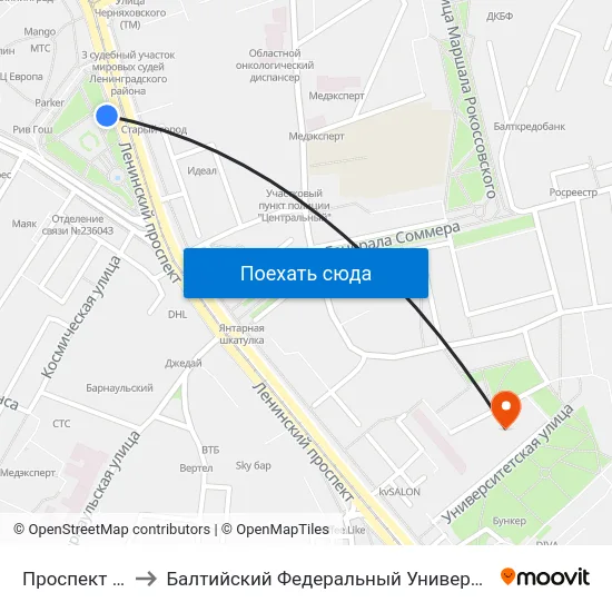 Проспект Ленинский to Балтийский Федеральный Университет Имени Иммануила Канта map