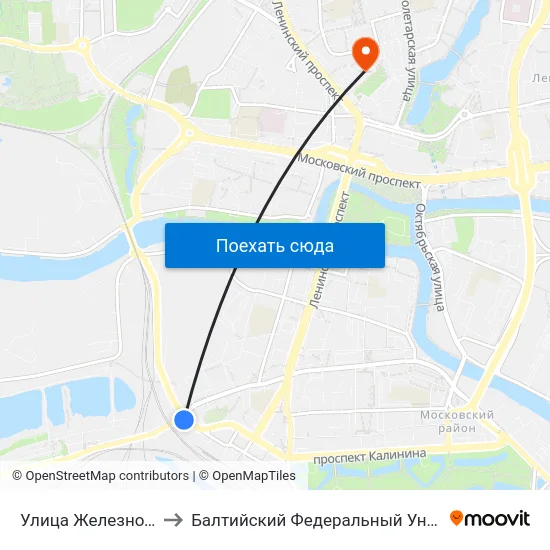 Улица Железнодорожная (В Центр) to Балтийский Федеральный Университет Имени Иммануила Канта map