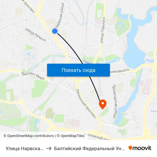 Улица Нарвская (На Ул. Нарвской) to Балтийский Федеральный Университет Имени Иммануила Канта map