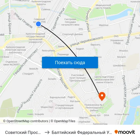 Советский Проспект (Северный Вокзал) to Балтийский Федеральный Университет Имени Иммануила Канта map