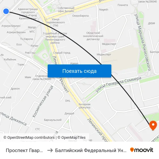 Проспект Гвардейский (Из Центра) to Балтийский Федеральный Университет Имени Иммануила Канта map