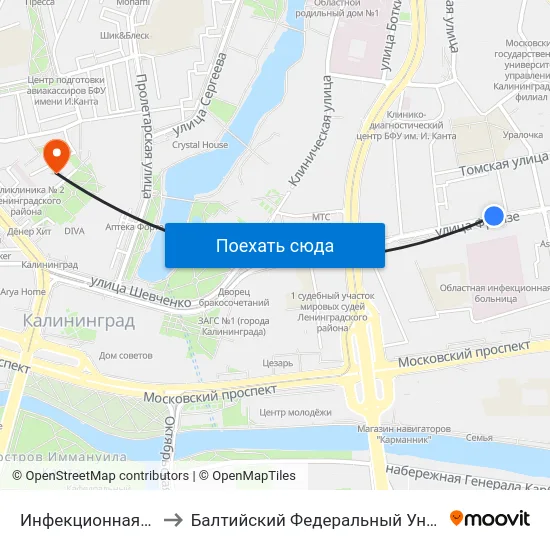 Инфекционная Больница (В Центр) to Балтийский Федеральный Университет Имени Иммануила Канта map